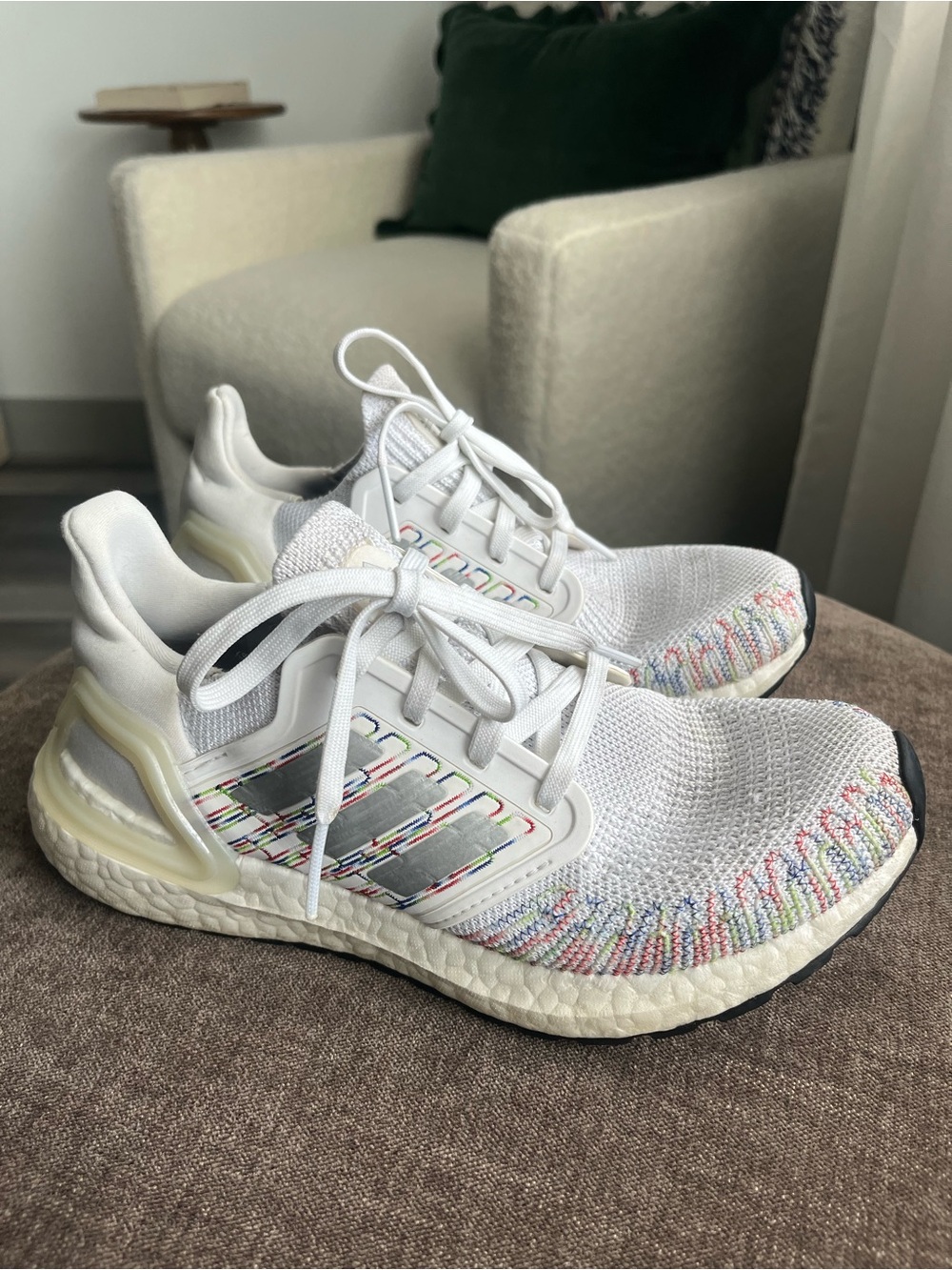 adidas White Knit Running Sneakers with Multicolor Detail